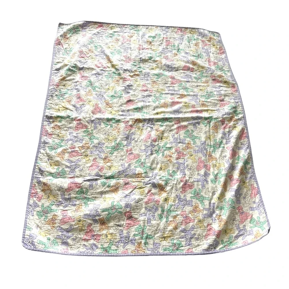 Vintage Handmade Teddy Bear‎ Baby Blanket Quilt Purple Multicolor 52